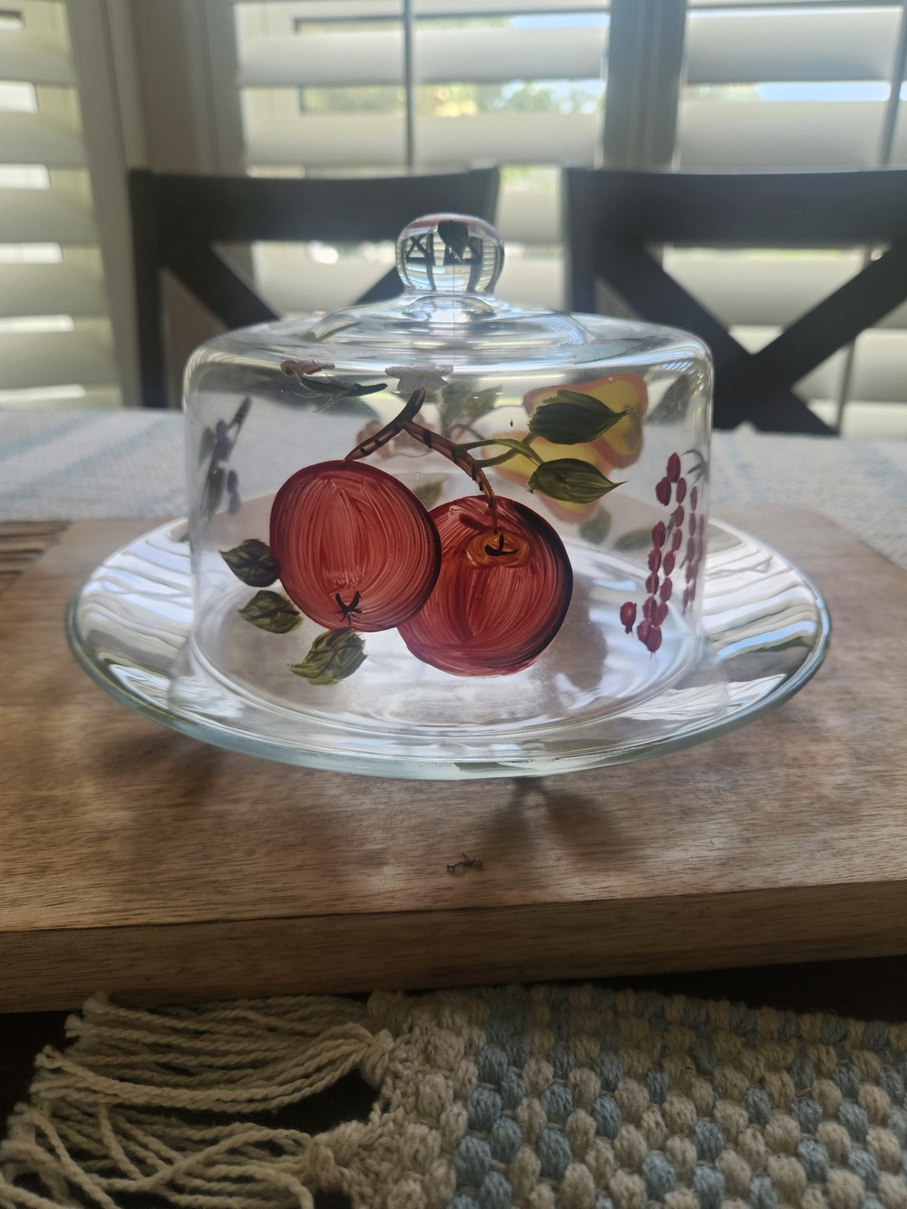 Vintage Hand Painted Glass Covered Cake Plate Cheese Fruit Dessert Dome Cloche
